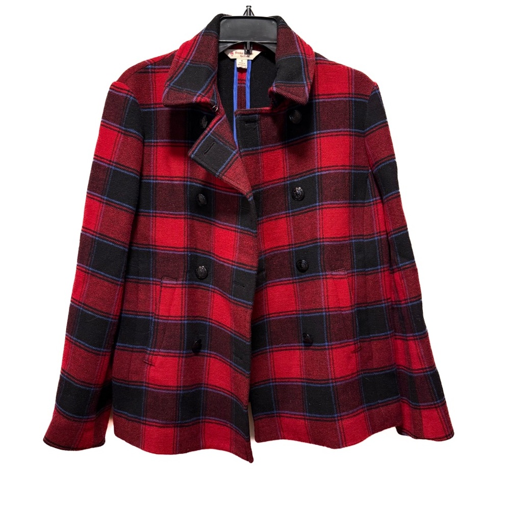 Brooks Brothers Red Fleece Buffalo Plaid Wool Pea Coat | Dark Academia Red Sz 8 - Picture 4 of 10